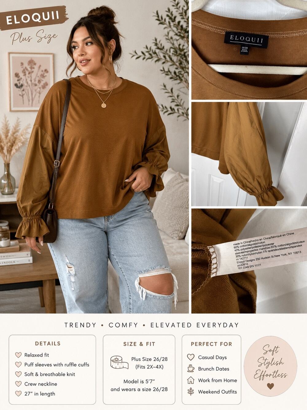 ELOQUII Plus Size 26/28 Brown Mixed Media Puff Sleeve Blouse Crew Neck Top